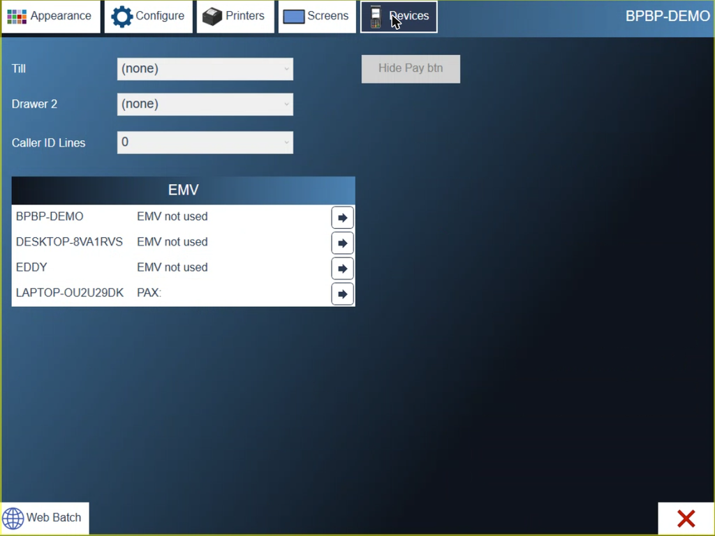 The Devices screen. The batch button is bottom left