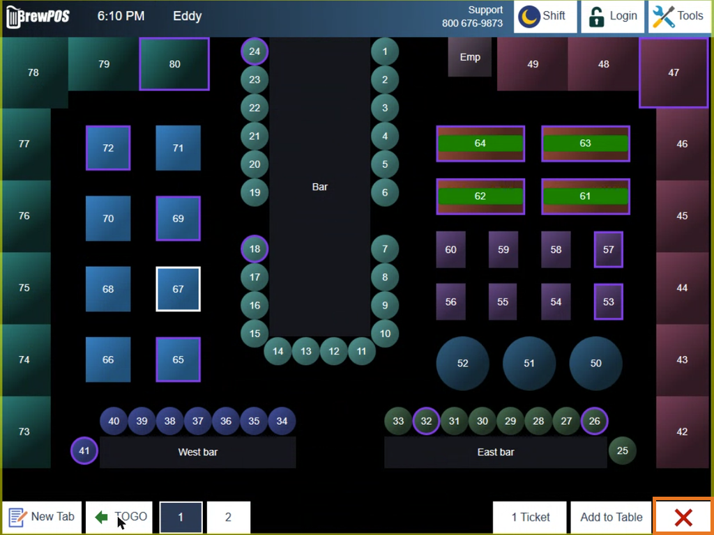 The tables screen, with the red X boxed at the bottom right