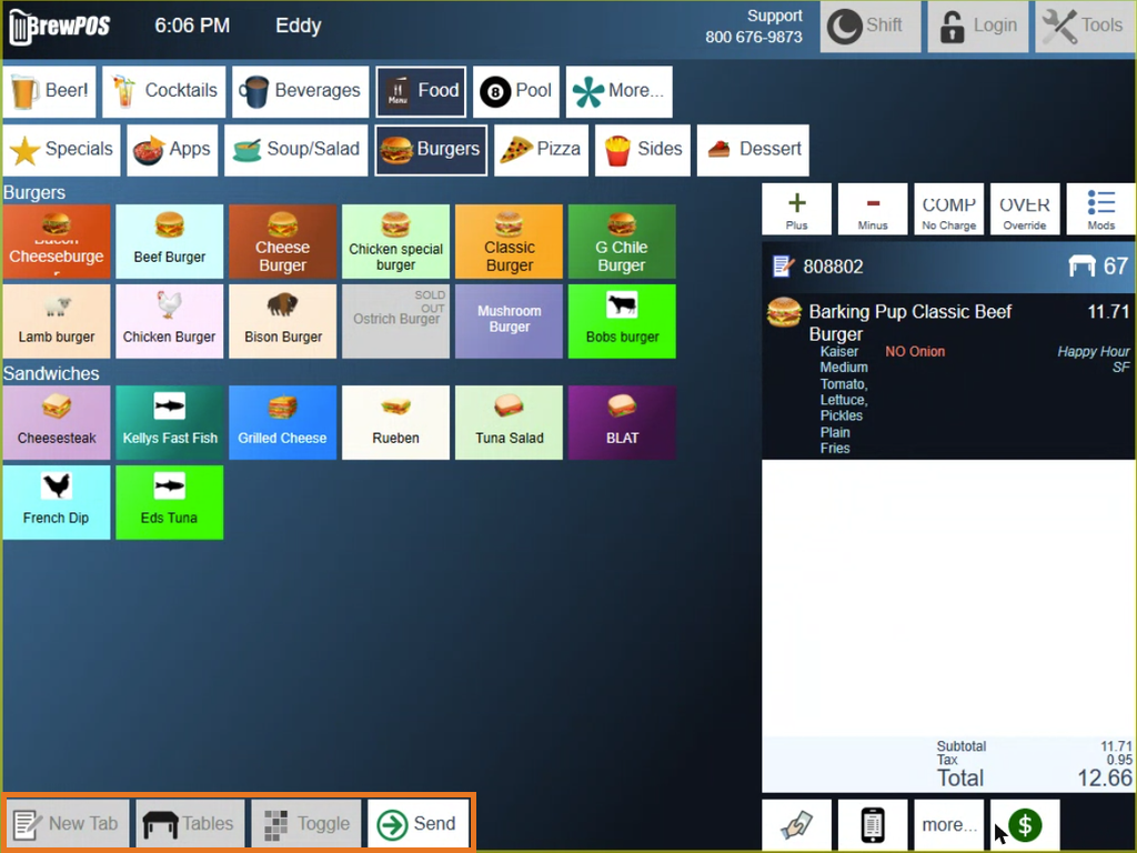 The order screen, with New Tab, Tables, Toggle and Send boxed at the bottom left
