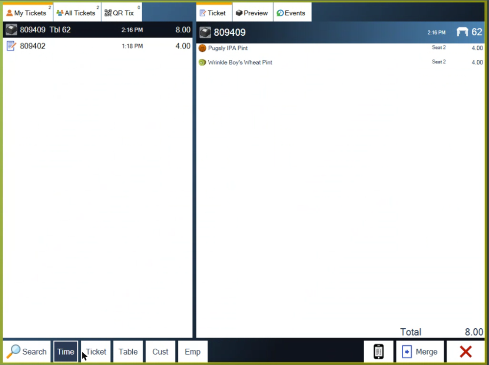 The Merge Ticket screen with the list of tickets on the left and the chosen ticket's items on the right