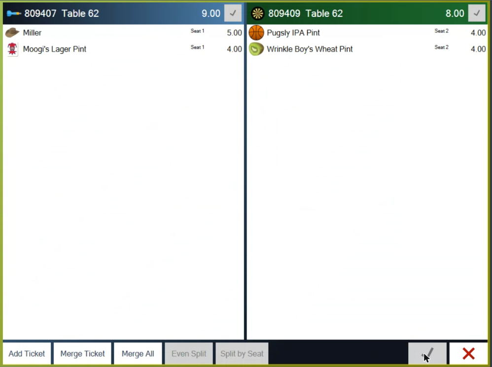 The split screen with tickets 809407 and 809409 side by side