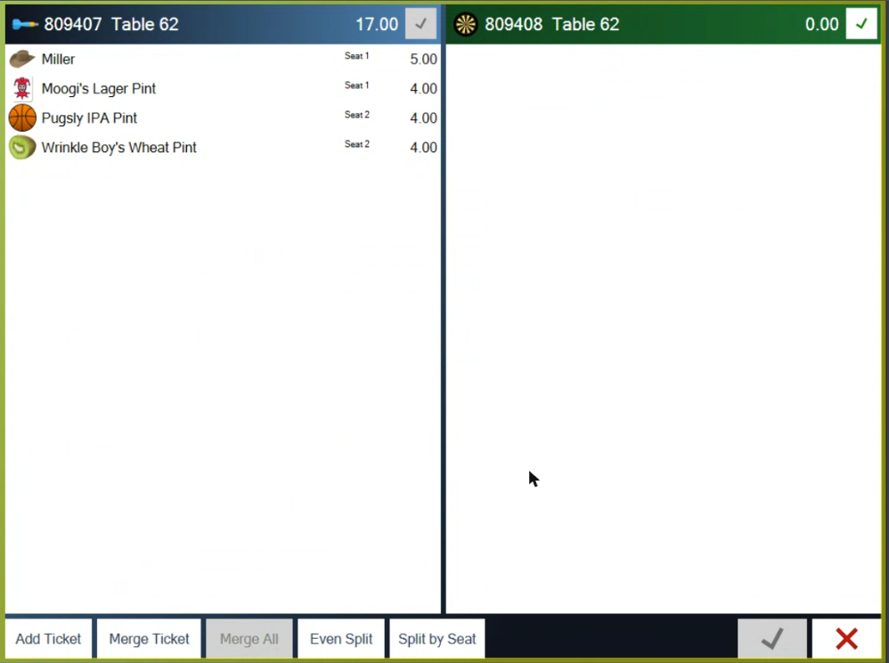 The split screen with a four-item ticket on the left and an empty new ticket on the right