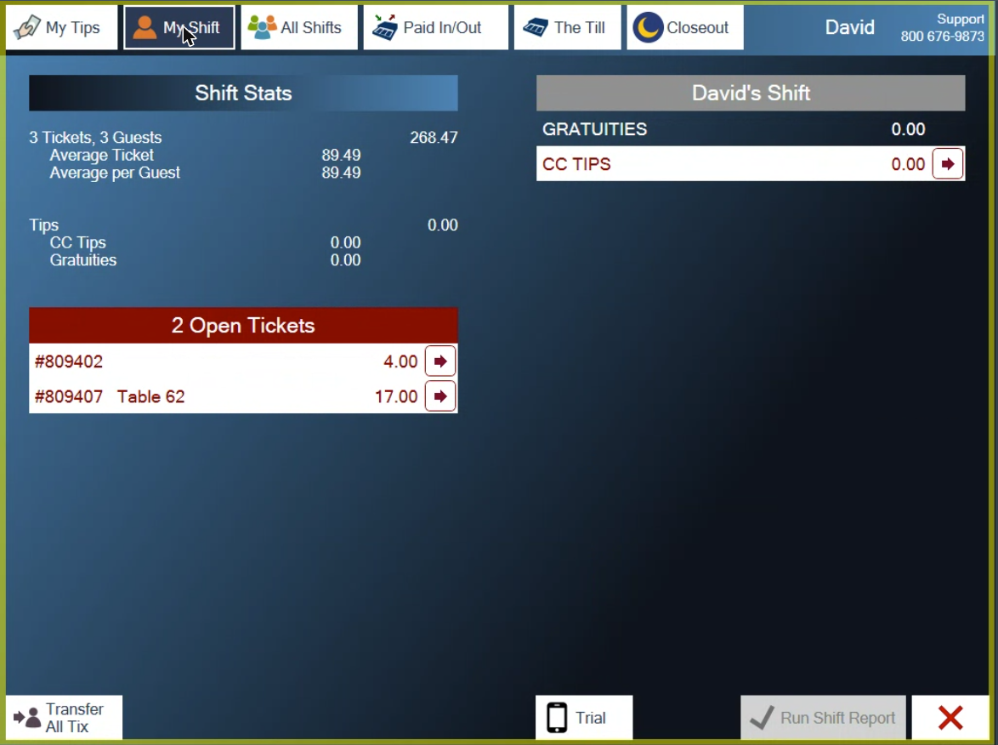 My Shift showing two open tickets in red, with Run Shift Report greyed out