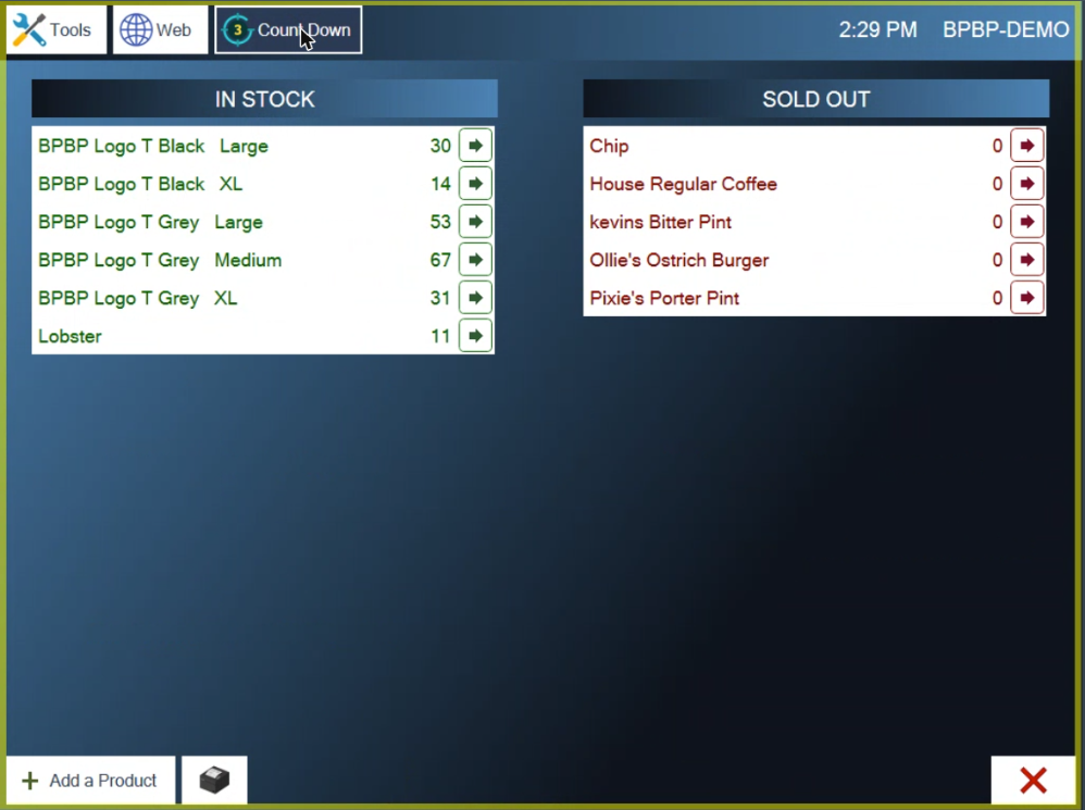 The Count Down screen with IN STOCK items on the left and SOLD OUT items on the right
