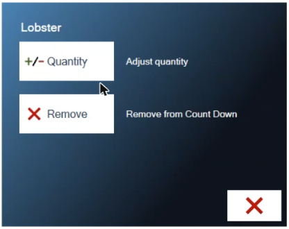 The box for one Count Down item, with Quantity and Remove buttons