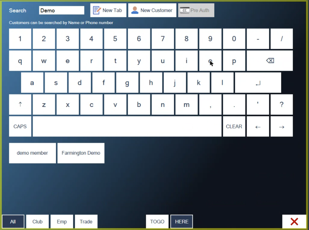 The customer search with Demo typed and two matching customers under the keyboard