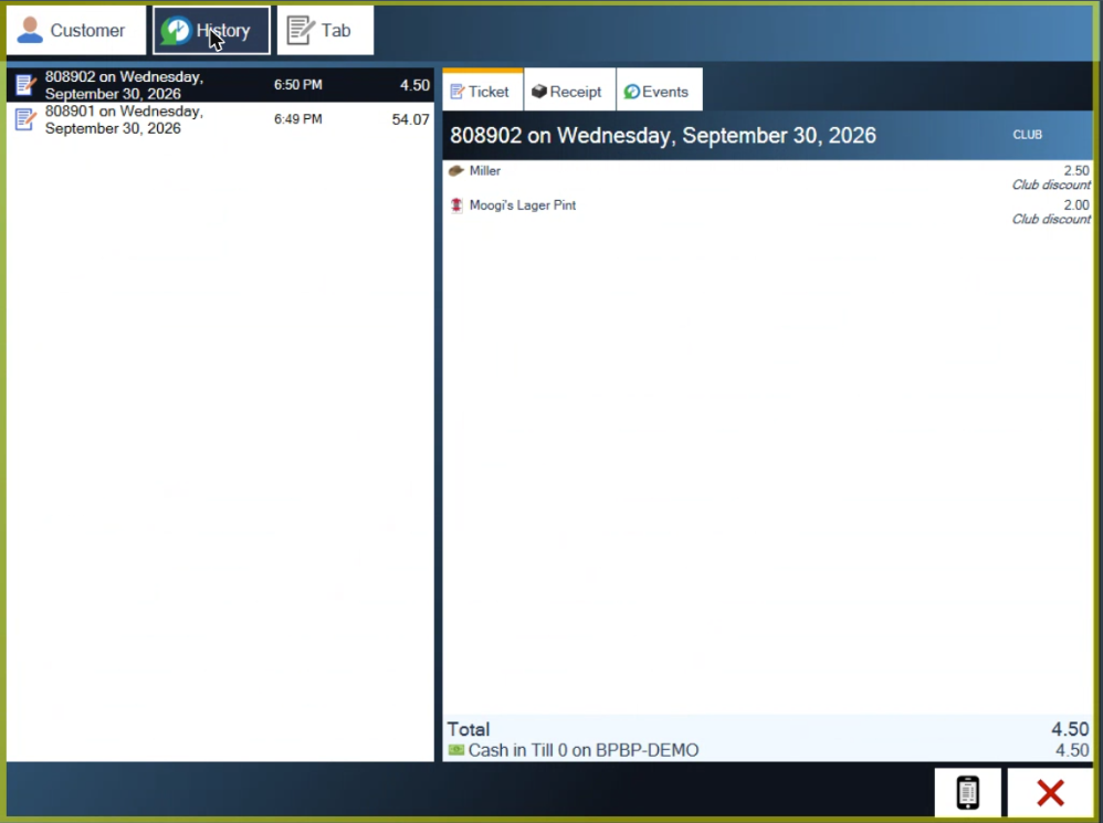 The History tab with a club member's past tickets on the left and one ticket's items on the right
