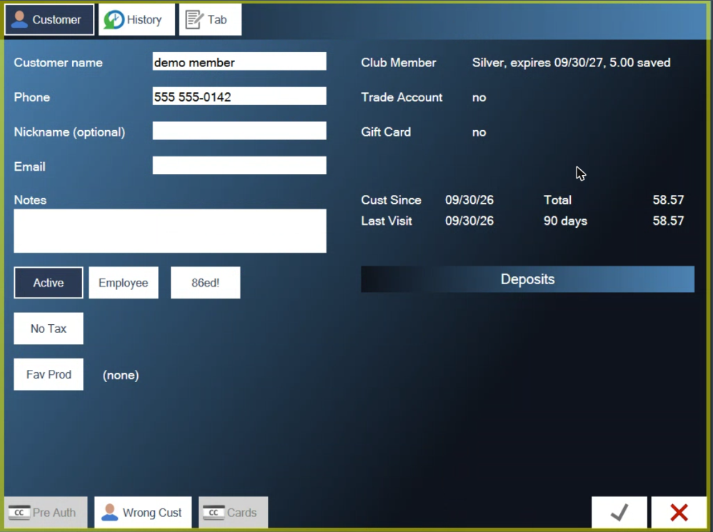 The customer record on the Customer tab, with details on the left and club, account and visit information on the right