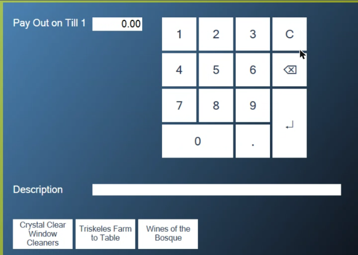 The Pay Out keypad with an amount, a Description box and buttons for regular payees