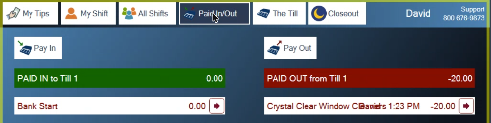 The Paid In/Out screen with money paid in on the left and one pay out on the right