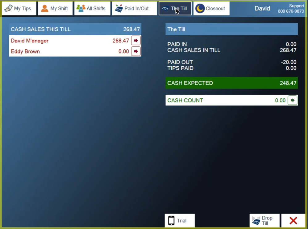 The Till screen, where the pay out is taken off the cash expected
