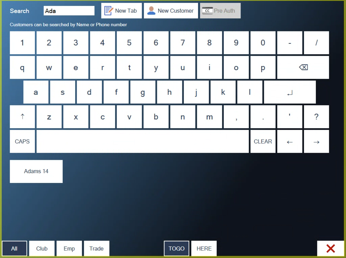 The customer search with TOGO chosen at the bottom and a customer found by name