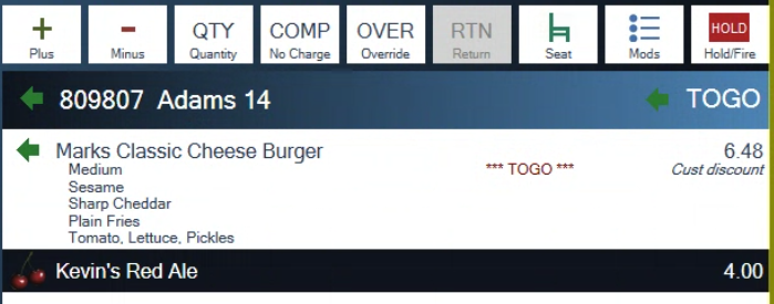 A to-go ticket with TOGO at the top right where the table would be