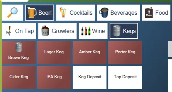 The Kegs screen with six keg tiles and the Keg Deposit and Tap Deposit tiles