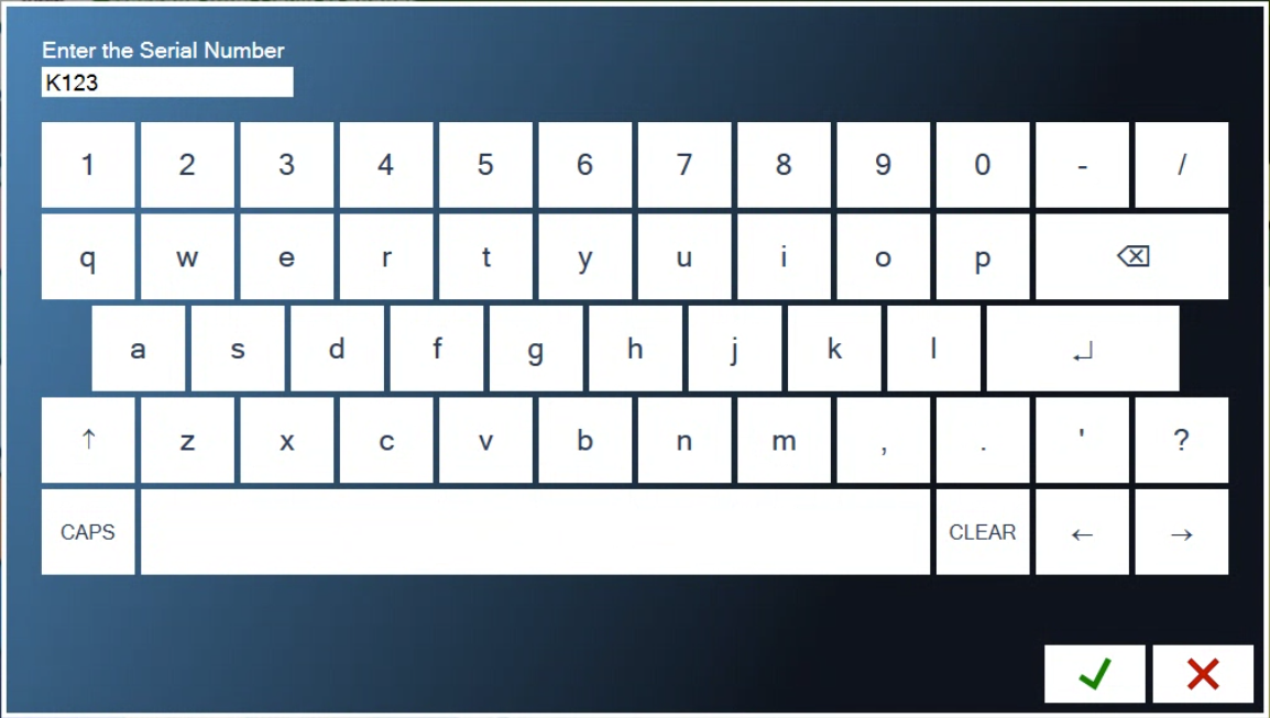 The on-screen keyboard asking for the serial number, with K123 typed in