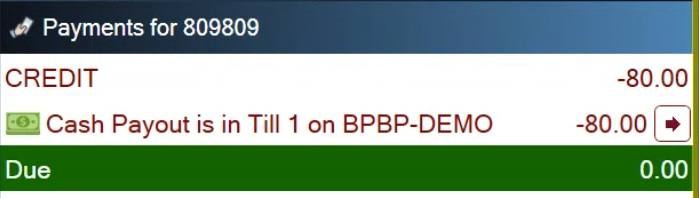 The payment screen showing a credit of 80.00 and a cash payout of 80.00 from the till, with nothing due