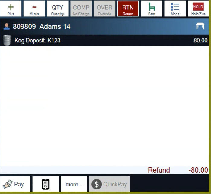 A ticket with a Keg Deposit line, the RTN button red, and Refund 80.00 at the bottom