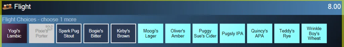 The Flight Choices list with three beers picked, one more to choose, and one beer greyed out