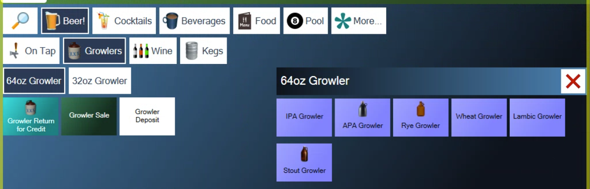 The Growlers screen with 64oz Growler chosen on the left and the beers for that size on the right