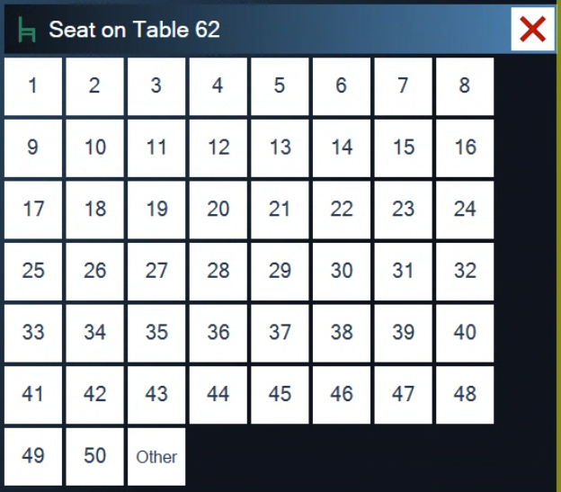 The Seat on Table 62 box with seat numbers 1 to 50