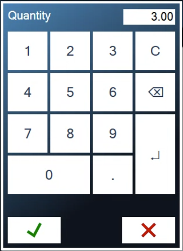 The Quantity keypad showing 3.00, with a green check and a red X