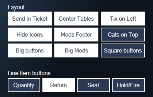 The Line Item buttons in Settings with Quantity, Seat and Hold/Fire turned on