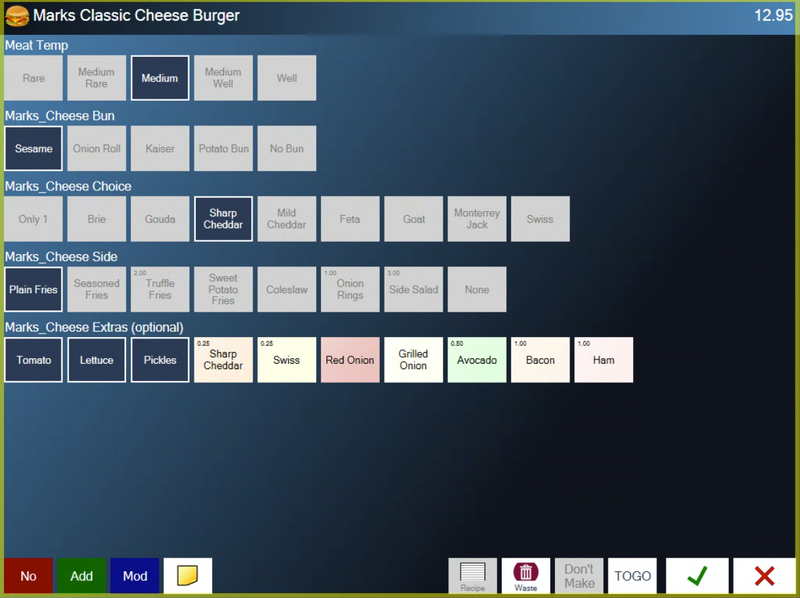 The modifier screen for a burger, with the yellow note button at the bottom left