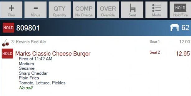 A sent ticket where the burger shows Fires at 11:42 AM