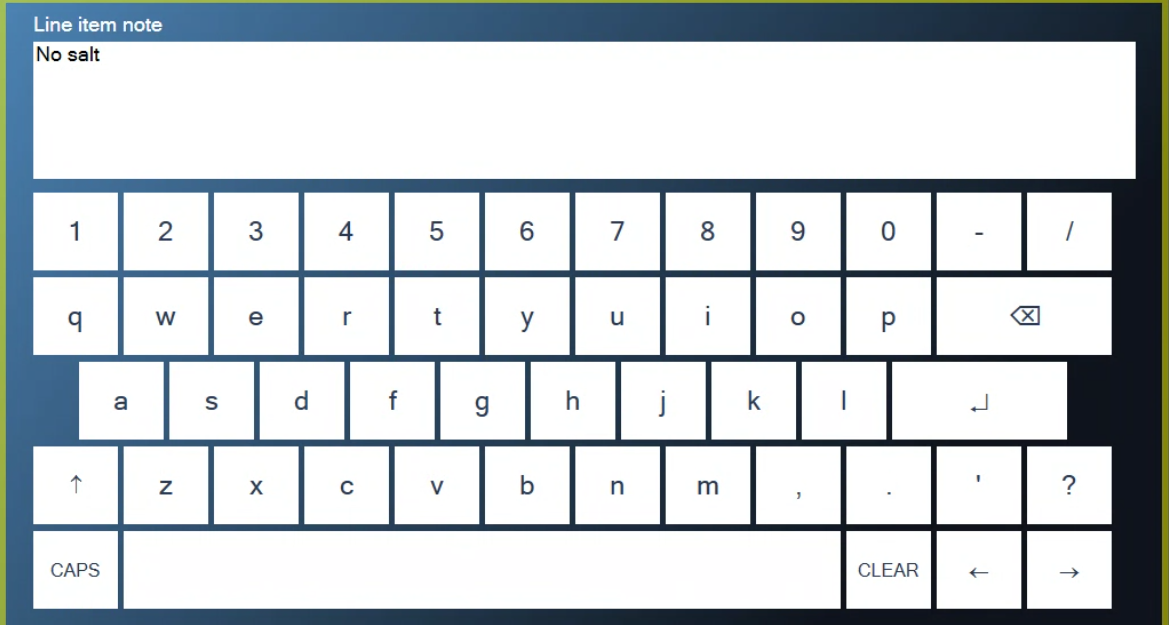 The on-screen keyboard with the note No salt typed in