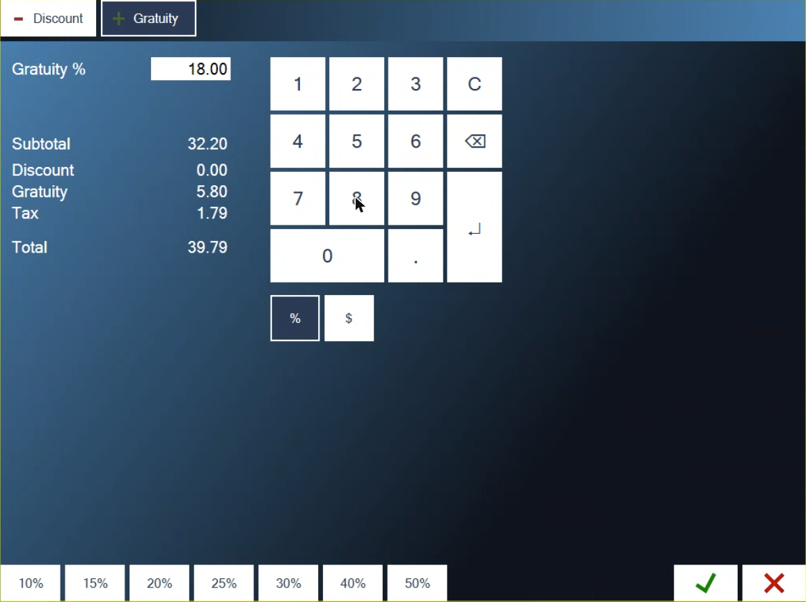 The Gratuity tab with 18.00 typed, showing Subtotal 32.20, Gratuity 5.80, Tax 1.79 and Total 39.79