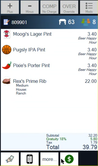 A ticket for table 63 with a green Gratuity 18% line of 5.80 between Subtotal and Tax