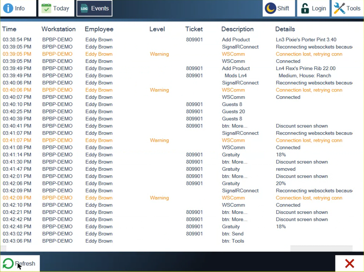 The Events list with time, workstation, employee, ticket and description columns, and a Refresh button