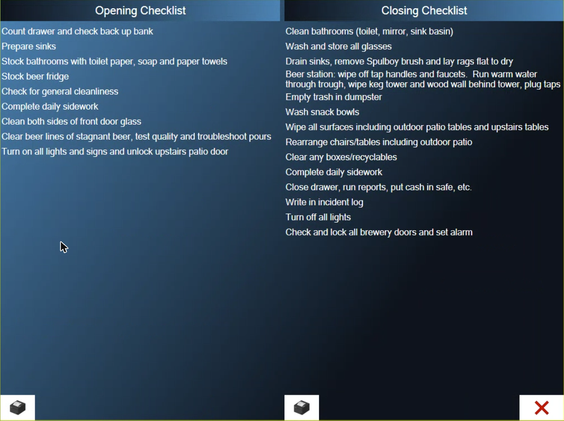 The Checklists screen with the Opening Checklist on the left and the Closing Checklist on the right
