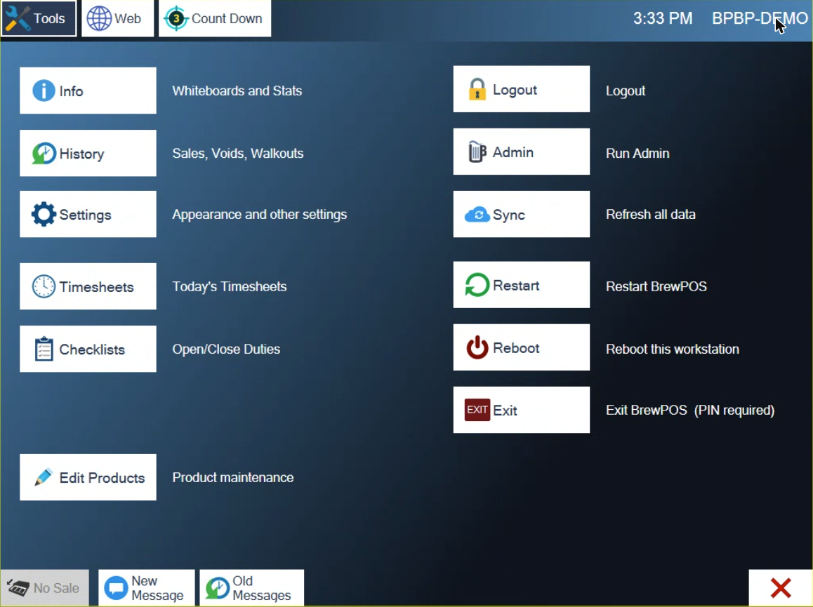 The Tools menu with New Message and Old Messages at the bottom left and Checklists in the left column