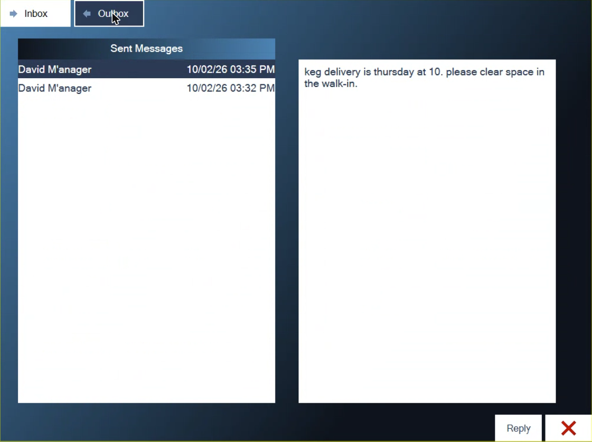 Old Messages on Outbox, listing two sent messages with dates and the text of the selected one
