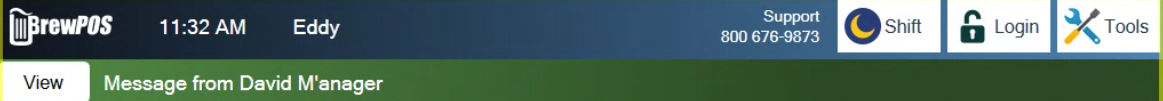 The top of the order screen with a green bar reading Message from David M'anager and a View button