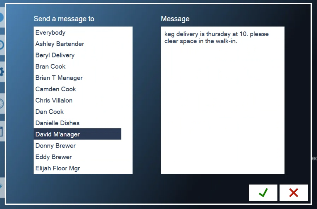 The New Message box with David M'anager picked from the list and a message typed on the right