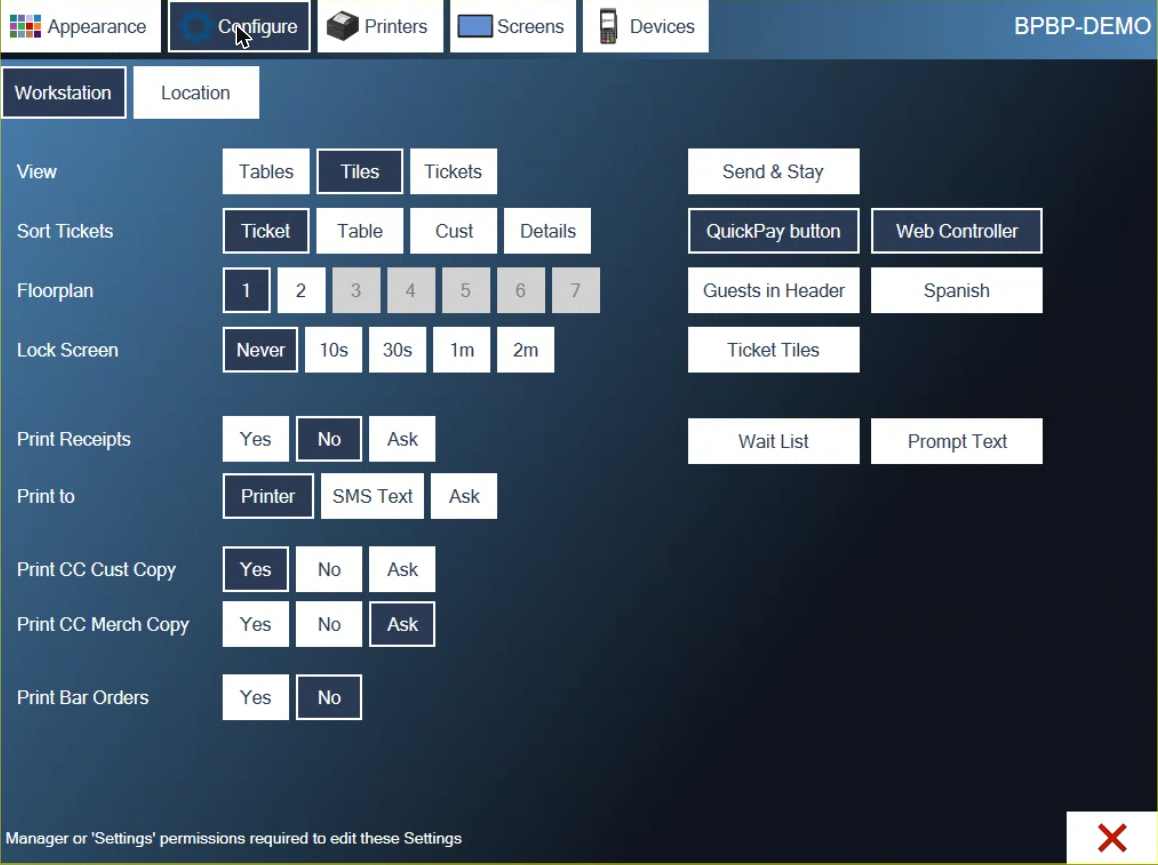 The Configure tab on Workstation, with View, Sort Tickets, Floorplan, Lock Screen and the print settings