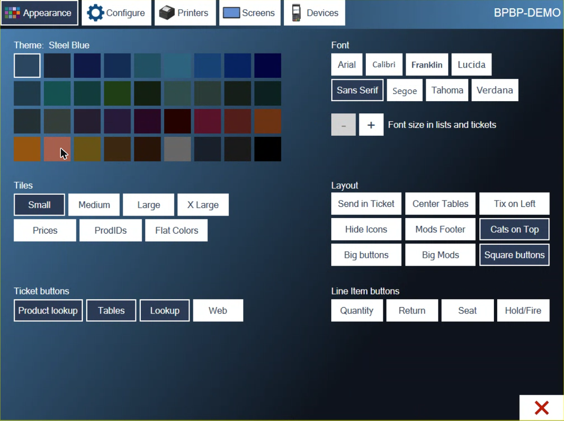 The Appearance tab of Settings with Theme, Tiles, Ticket buttons, Font, Layout and Line Item buttons