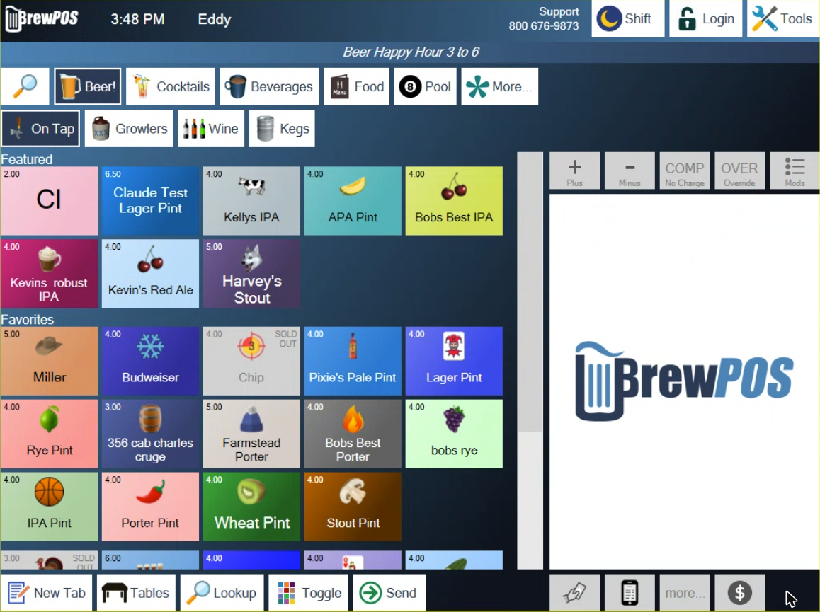 The order screen with large product tiles, each showing its price