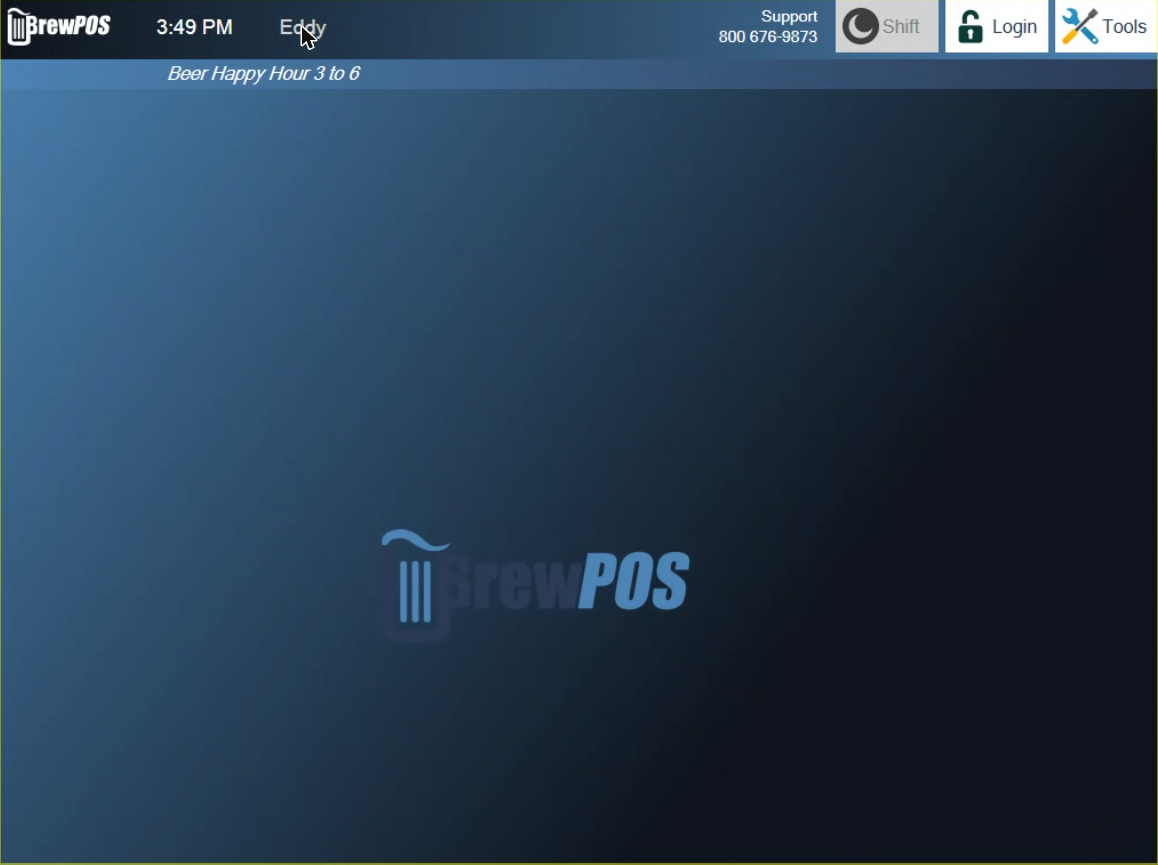 A locked station: a dark screen with the BrewPOS logo and the names of logged-in staff at the top