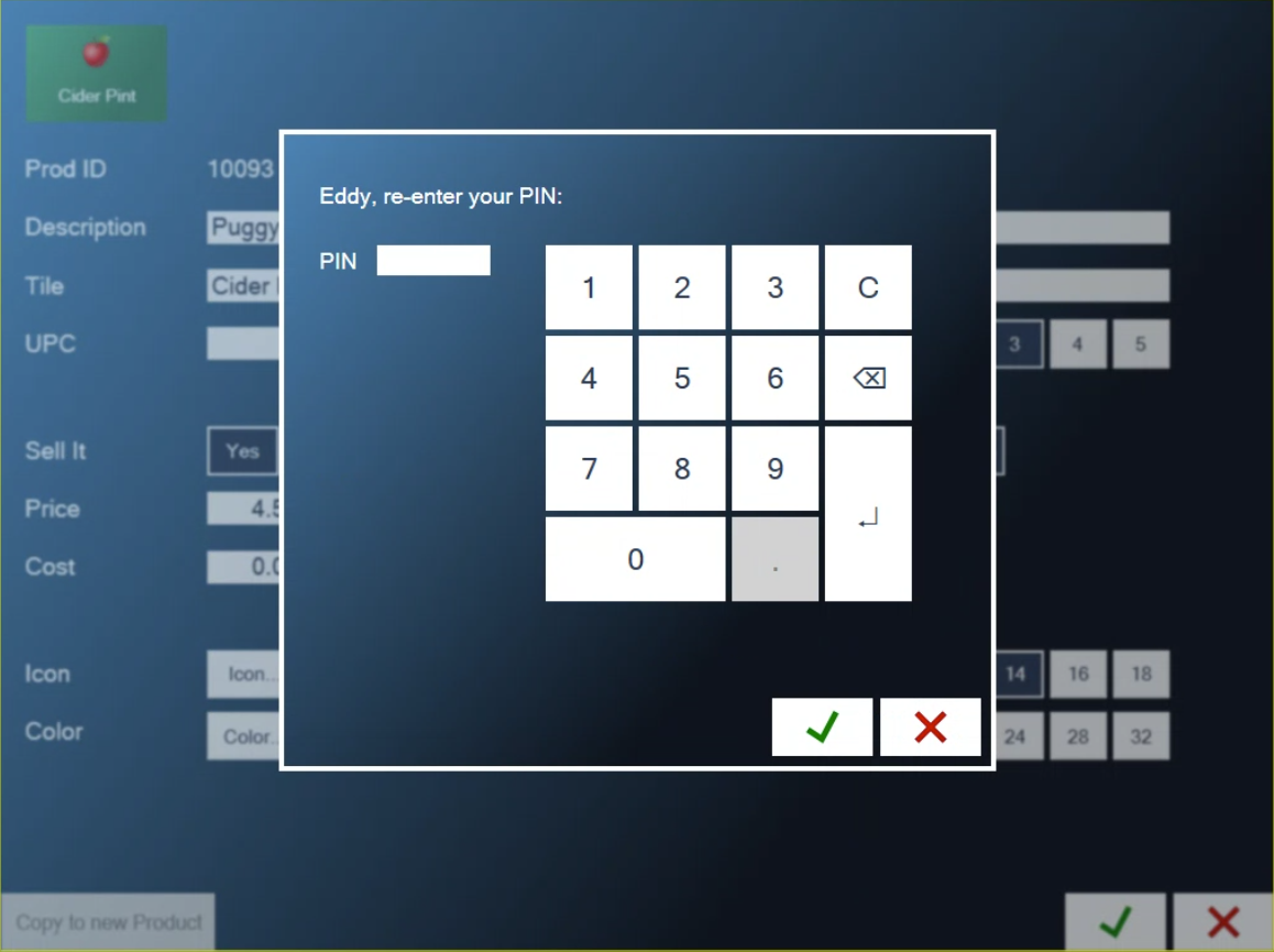 A box reading Eddy, re-enter your PIN, with a number keypad, a green check and a red X