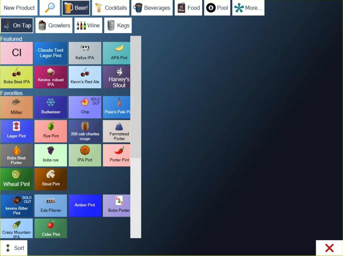 Edit Products: New Product, a magnifying glass and the categories across the top, product tiles in groups, Sort at the bottom left and a red X at the bottom right