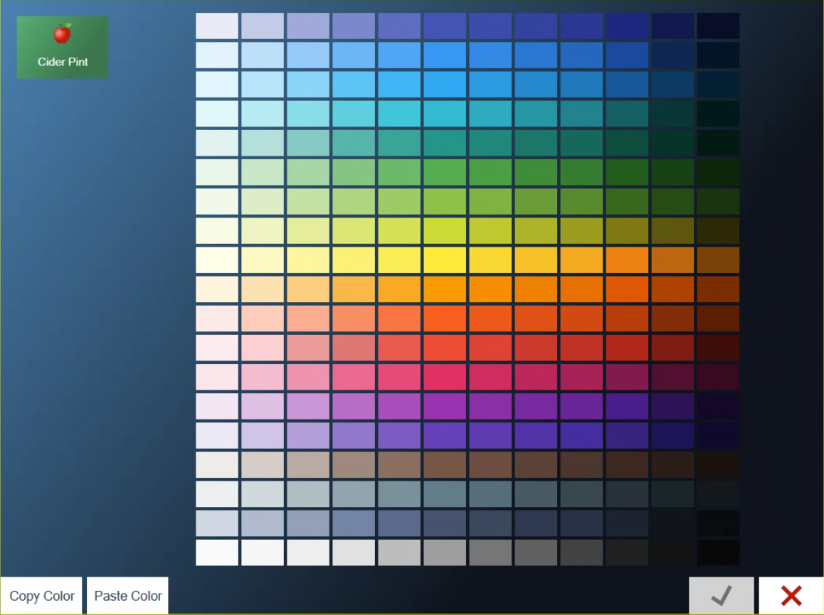The colour chart: a grid of colour swatches with the product tile at the top left, and Copy Color and Paste Color at the bottom