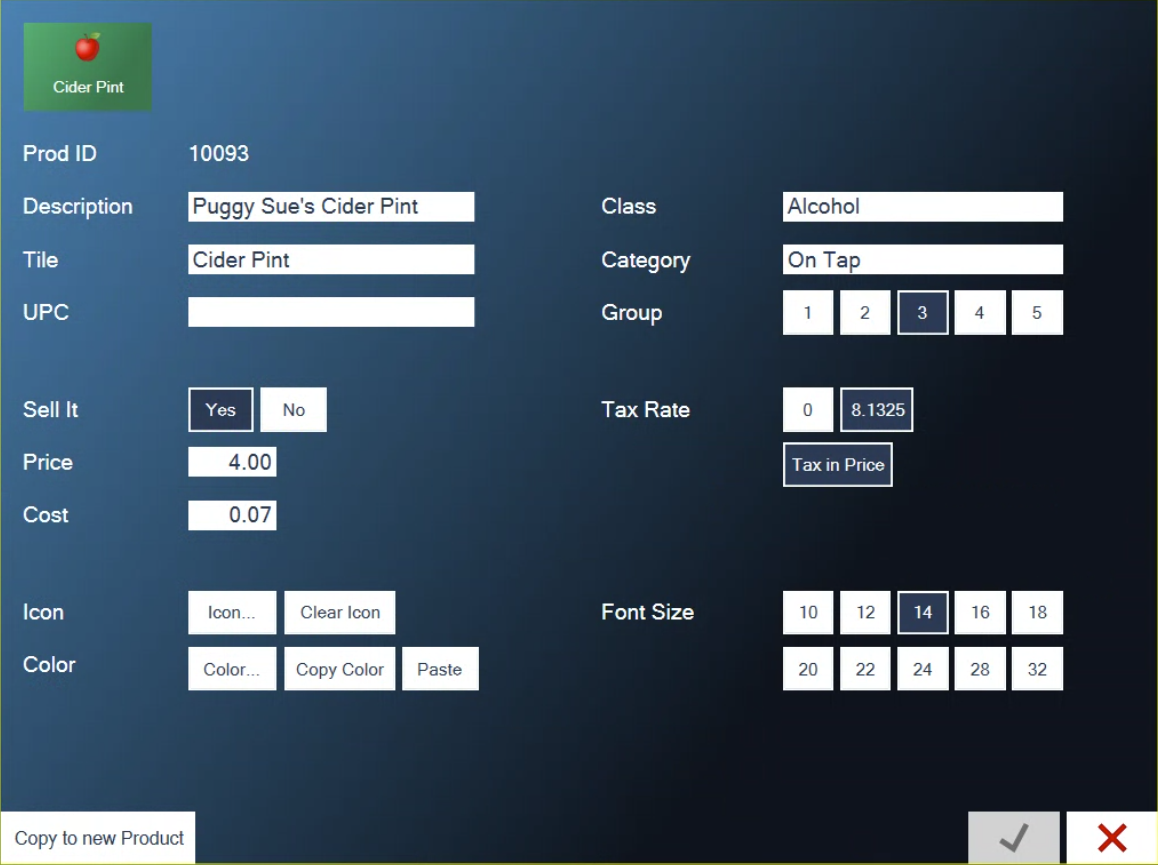 A product open in Edit Products with Prod ID, Description, Tile, UPC, Sell It, Price, Cost, Icon and Color on the left and Class, Category, Group, Tax Rate and Font Size on the right