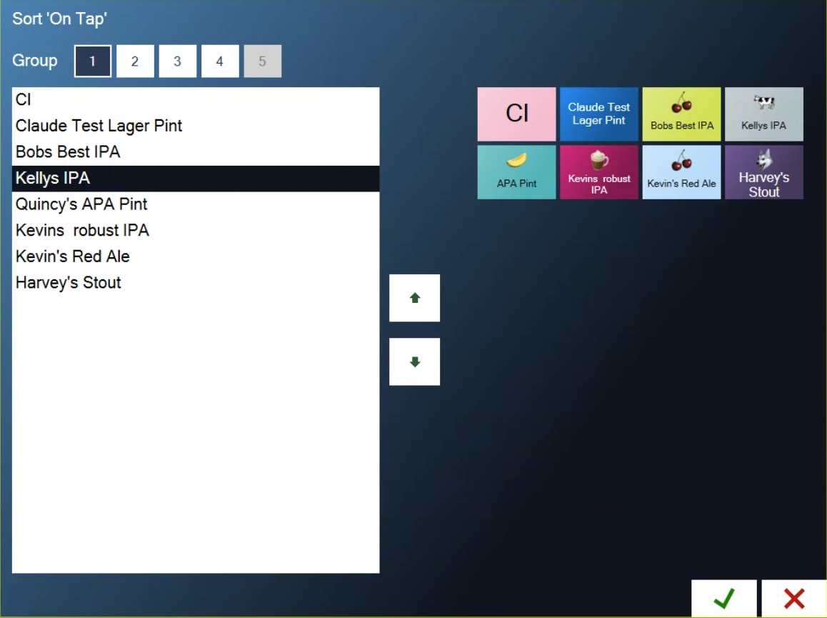 The Sort screen for On Tap: Group buttons, a list of products with up and down arrows, and the tiles in their new order on the right