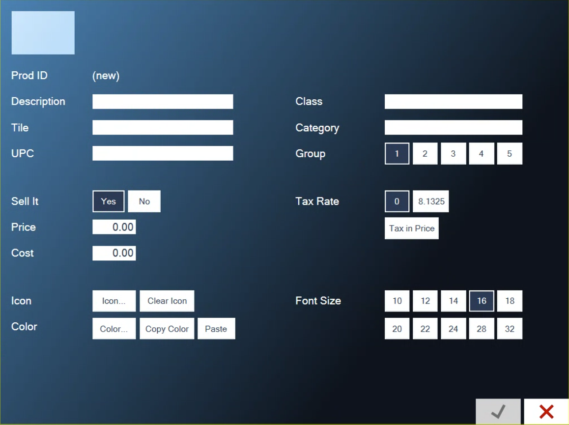 A blank new product: Prod ID reads (new), Sell It is Yes, Price and Cost are 0.00, and the green check is grey
