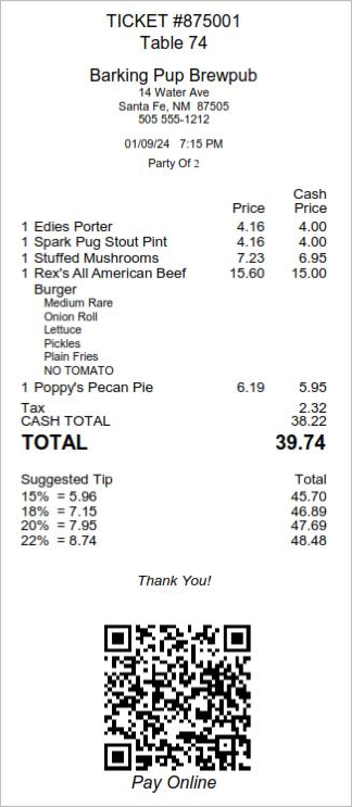 A printed check for table 74 at Barking Pup Brewpub, with a QR code and the words Pay Online at the bottom