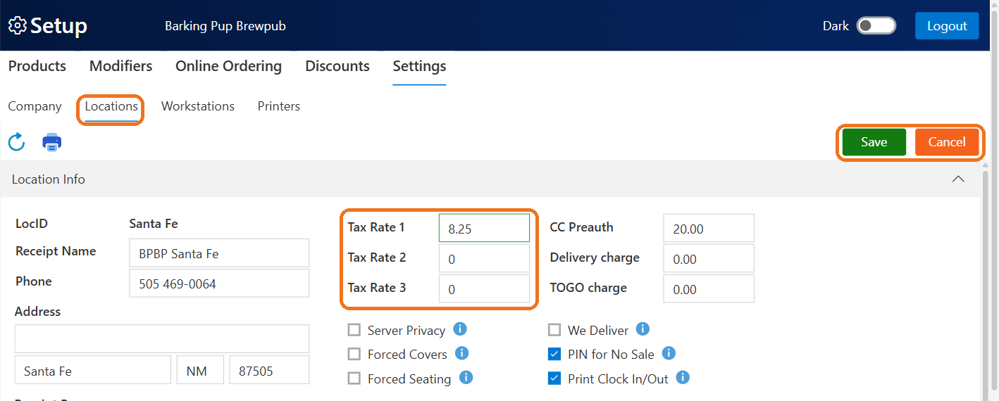 The Locations settings in BREW POS Admin: Tax Rate 1 changed to 8.25, with Tax Rate 2 and Tax Rate 3 below it and Save and Cancel lit at the top right