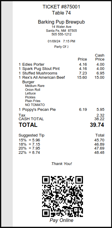 A presenter ticket with a card price and a cash price for each item, a cash total, a card total, suggested tips and a Pay Online code